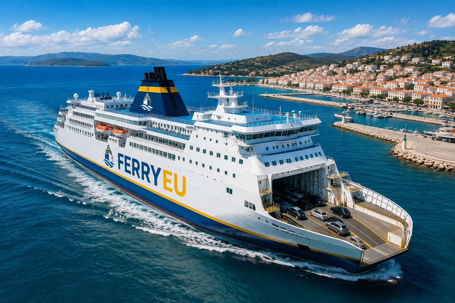 Passagerarfärja som seglar vid en europeisk kusthamn
